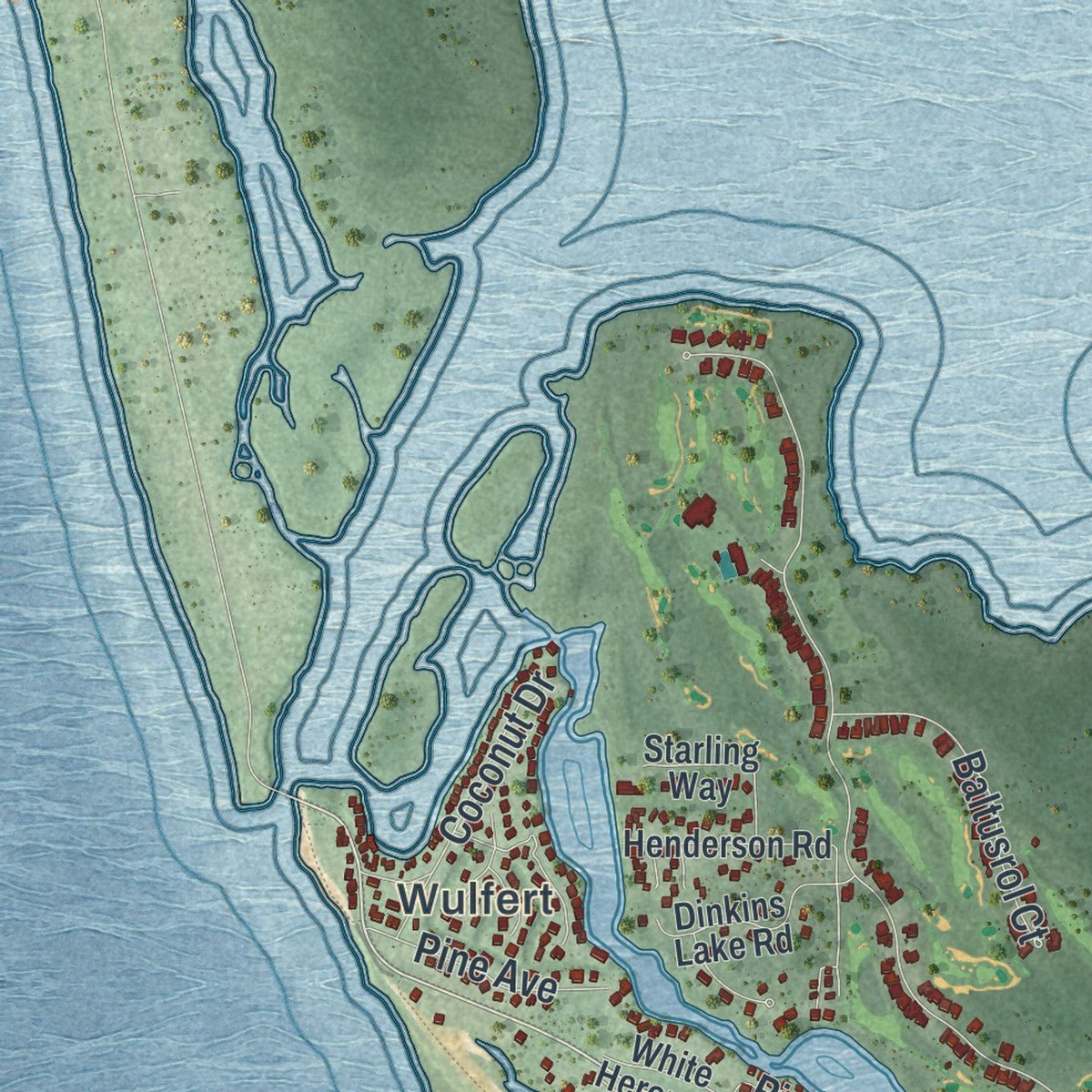 Second close-up of the map of Sanibel, Florida print showing more streets and buildings