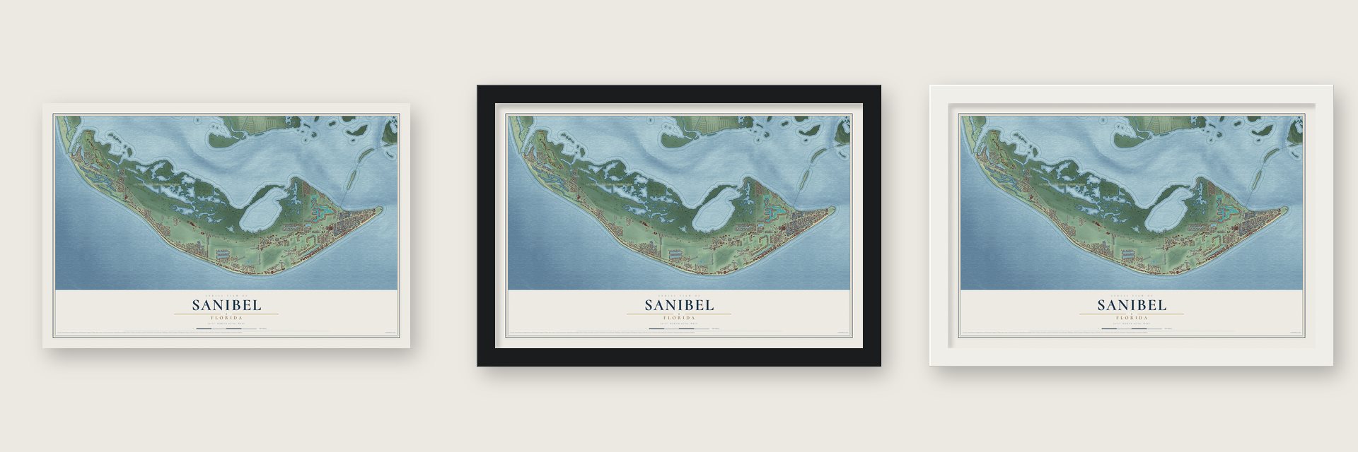 Sanibel, Florida map unframed, in a black wood frame and in a white wood frame