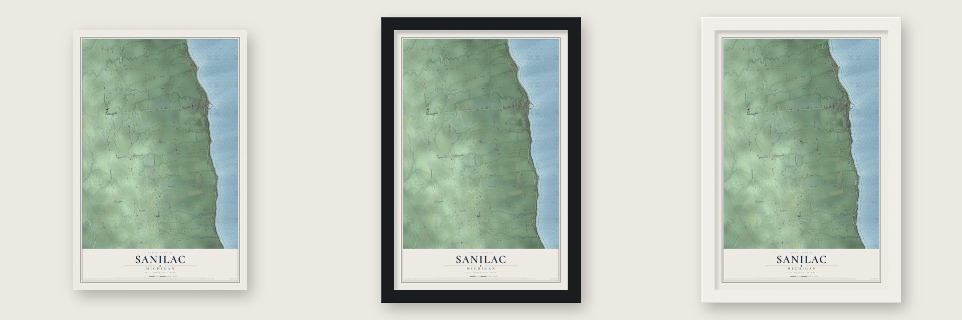Sanilac, Michigan map unframed, in a black wood frame and in a white wood frame