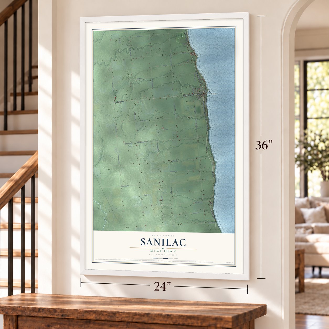 Sanilac, Michigan map, 24 x 36 inch print in a white frame by a staircase