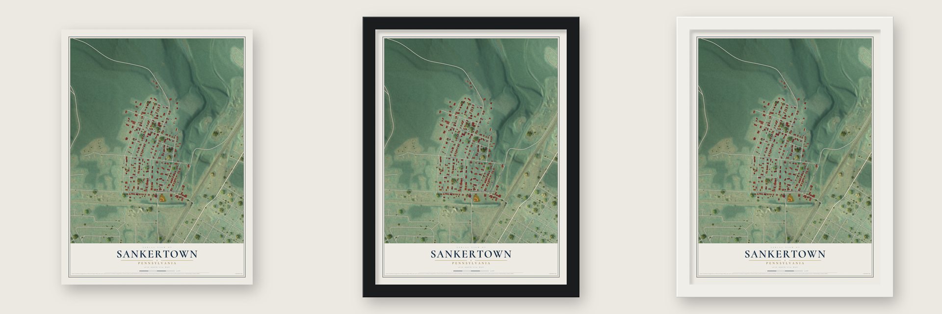 Sankertown, Pennsylvania map unframed, in a black wood frame and in a white wood frame