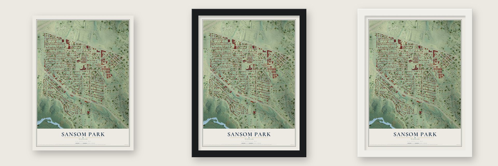 Sansom Park, Texas map unframed, in a black wood frame and in a white wood frame