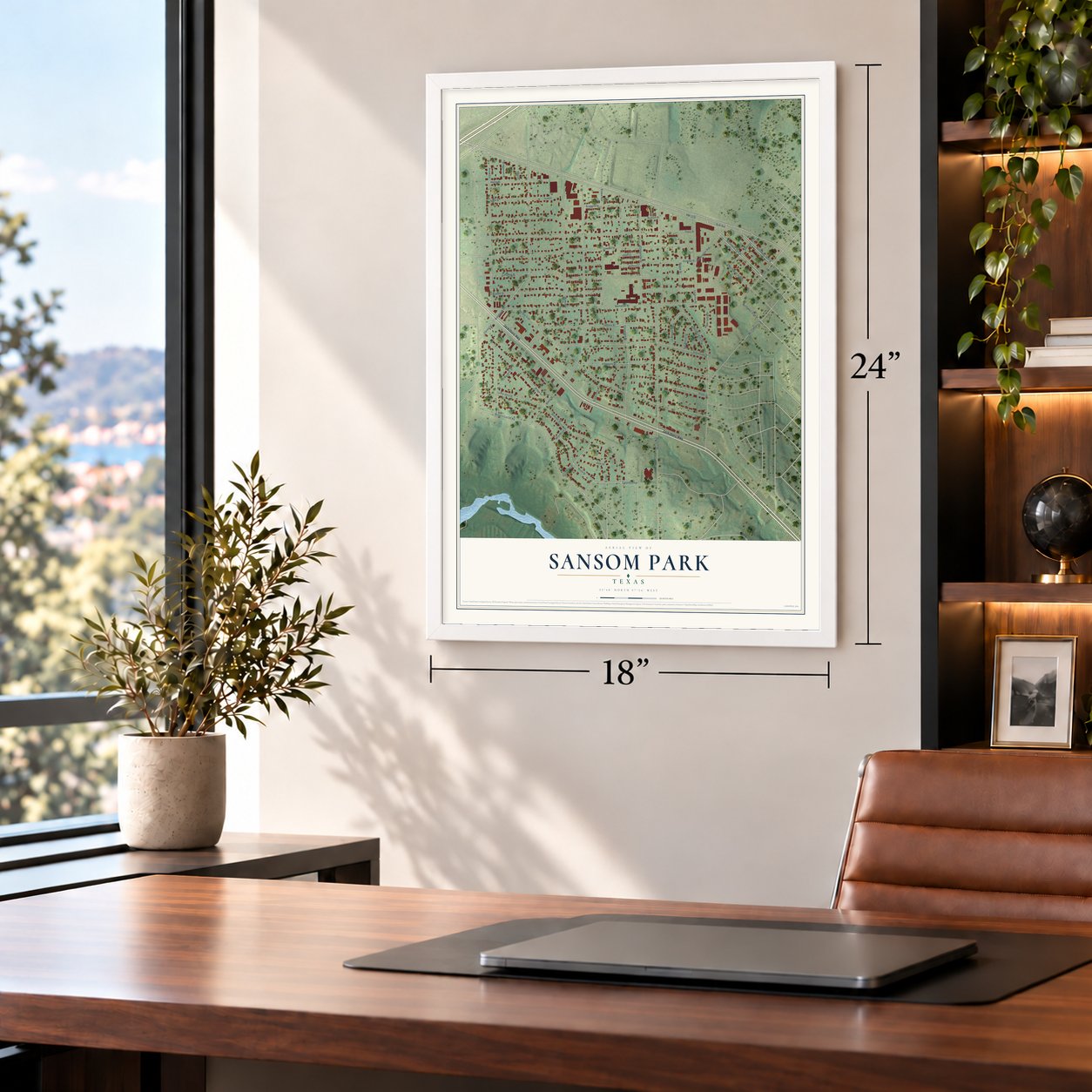 Sansom Park, Texas map, 18 x 24 inch print in a white frame in a home office