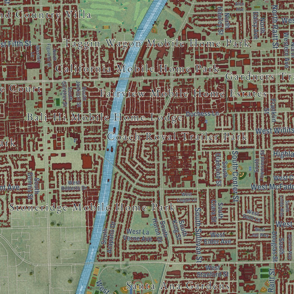 Second close-up of the map of Santa Ana, California print showing more streets and buildings