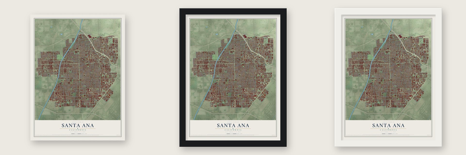 Santa Ana, California map unframed, in a black wood frame and in a white wood frame