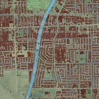 Second close-up of the map of Santa Ana, California print showing more streets and buildings