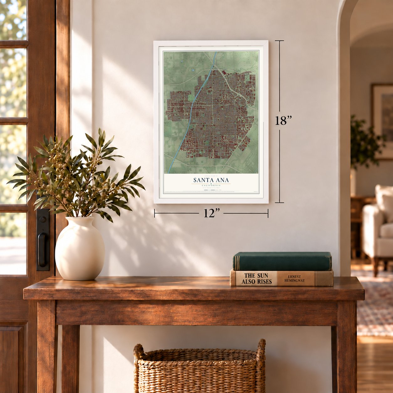 Santa Ana, California map, 12 x 18 inch print in a white frame in an entryway