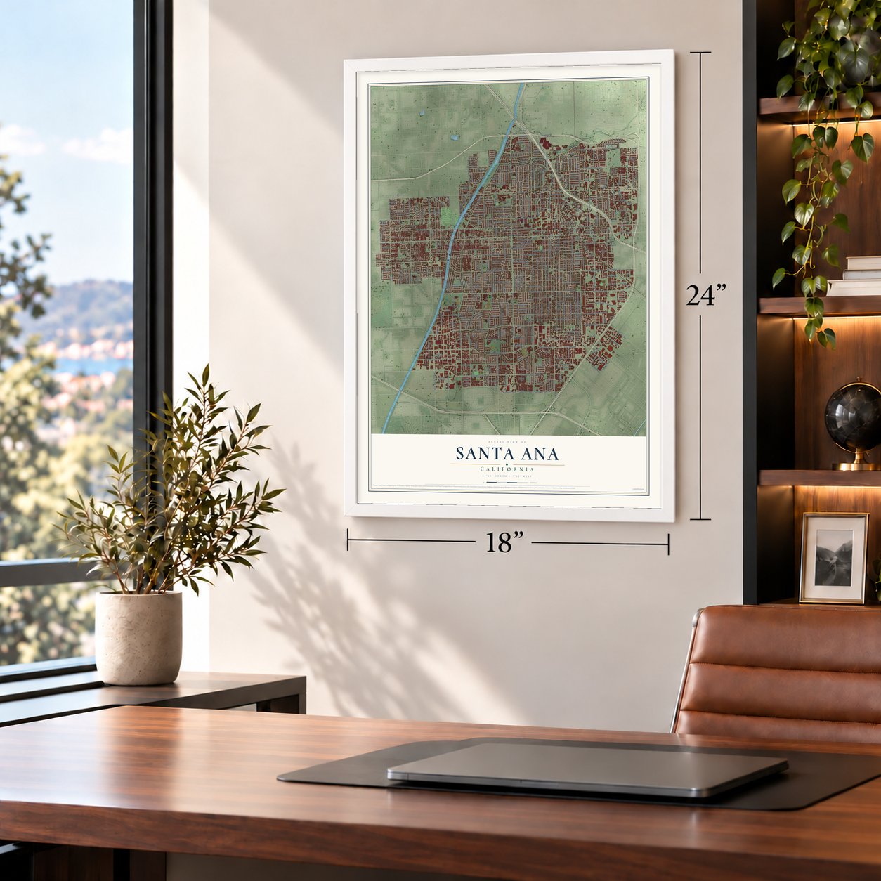Santa Ana, California map, 18 x 24 inch print in a white frame in a home office
