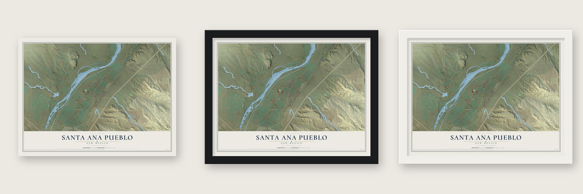 Santa Ana Pueblo, New Mexico map unframed, in a black wood frame and in a white wood frame
