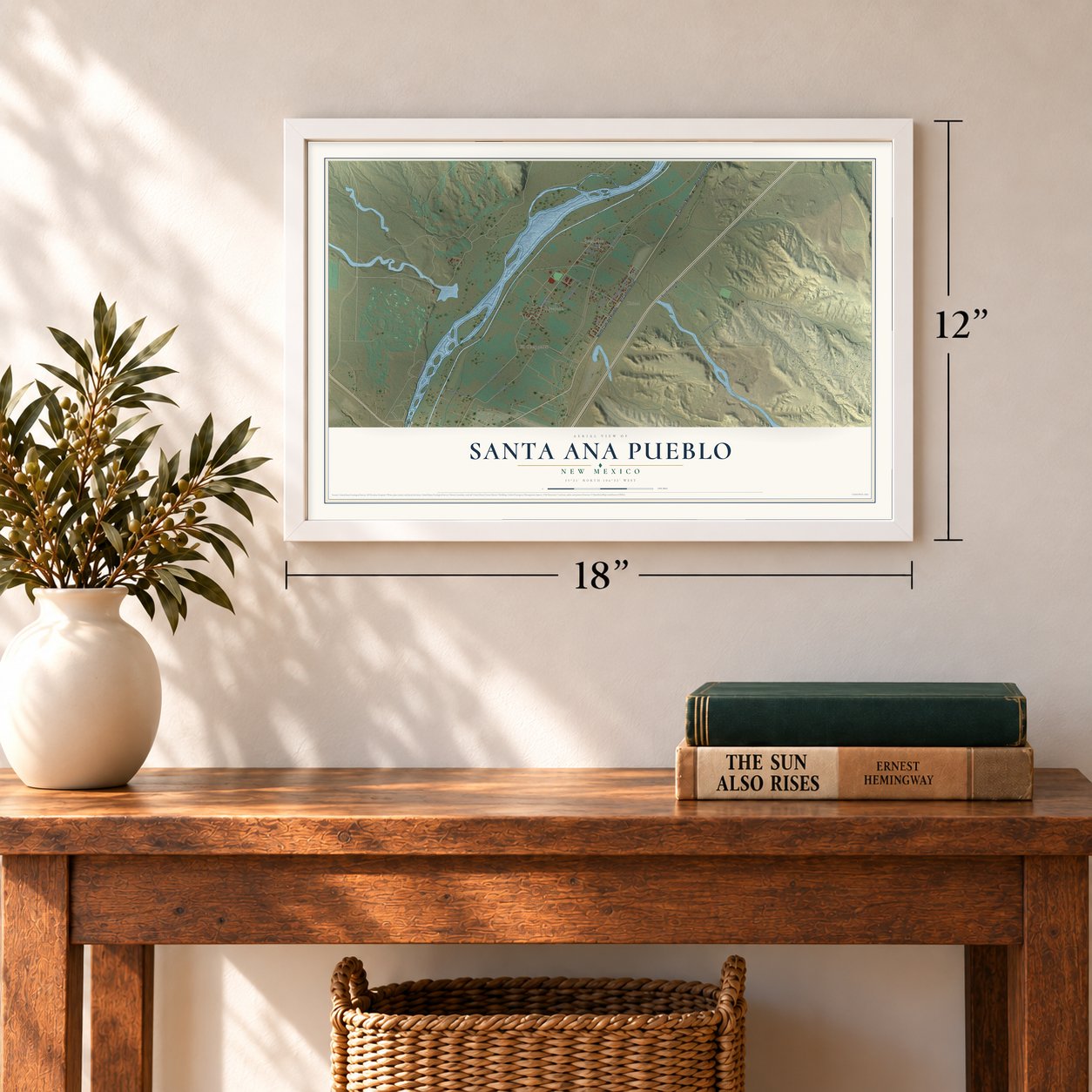 Santa Ana Pueblo, New Mexico map, 12 x 18 inch print in a white frame in an entryway