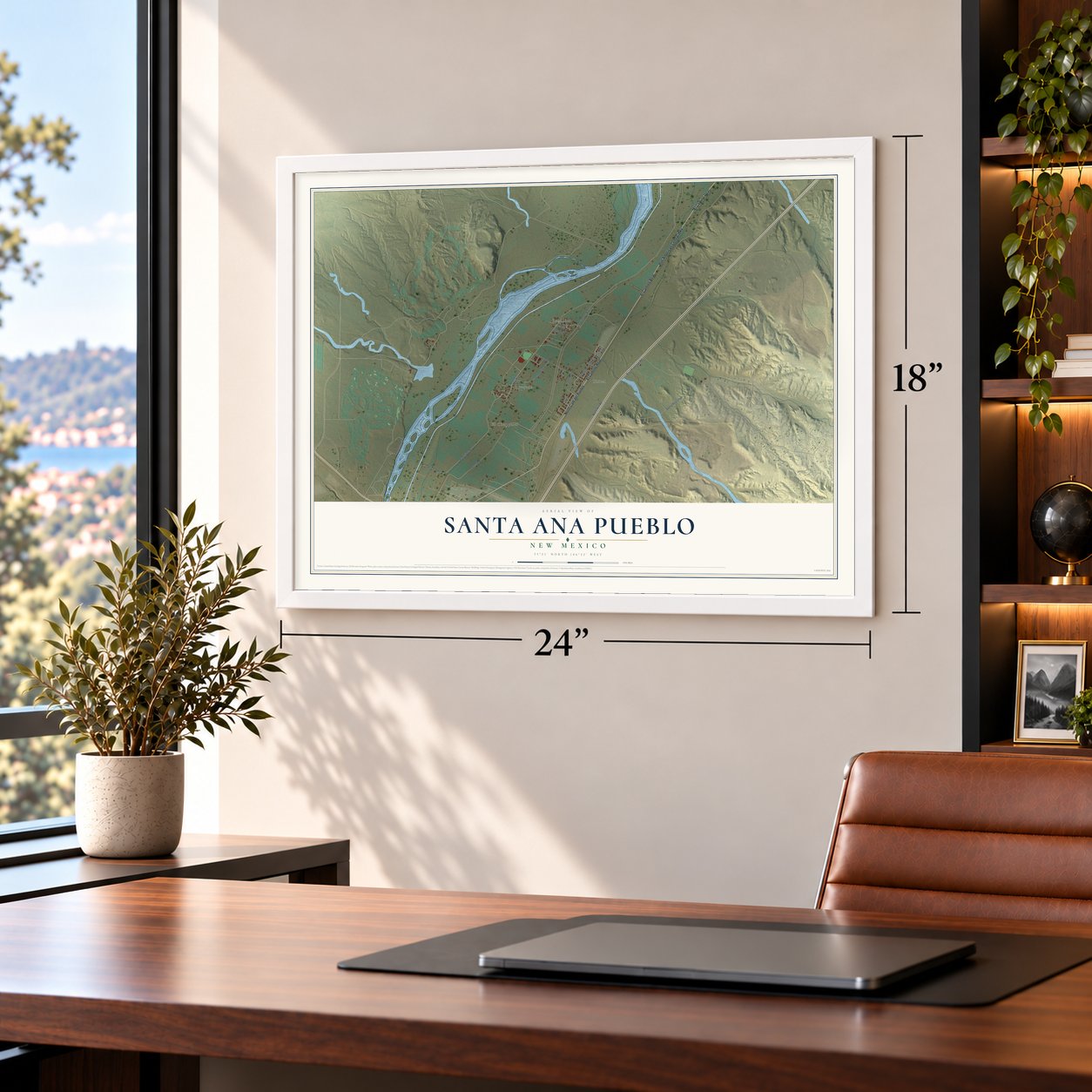 Santa Ana Pueblo, New Mexico map, 18 x 24 inch print in a white frame in a home office