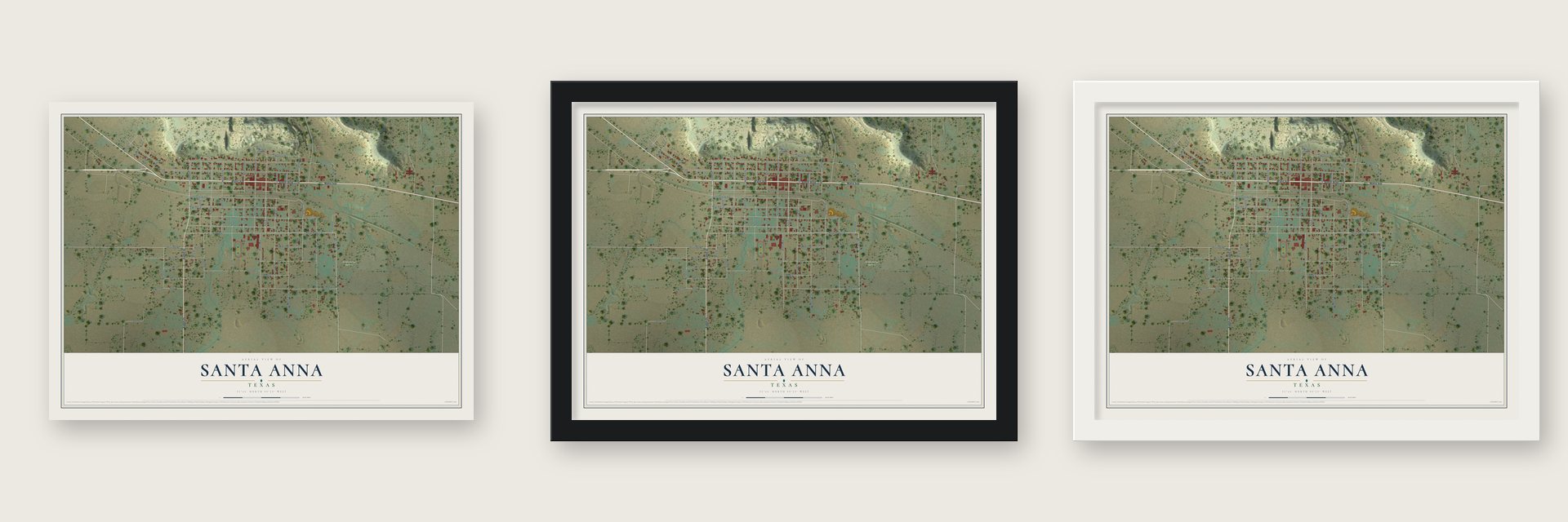 Santa Anna, Texas map unframed, in a black wood frame and in a white wood frame
