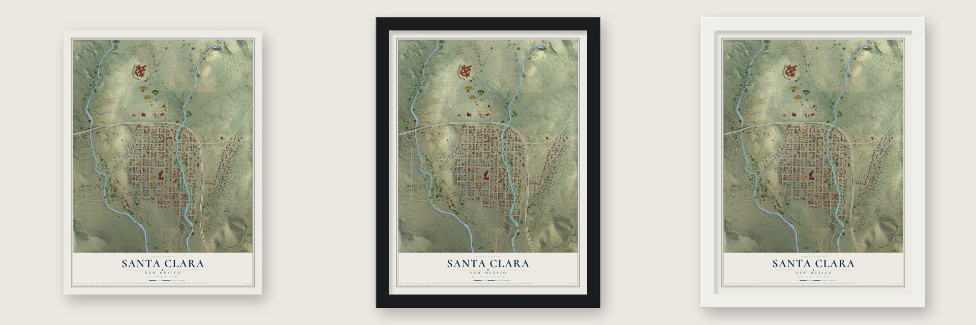 Santa Clara, New Mexico map unframed, in a black wood frame and in a white wood frame