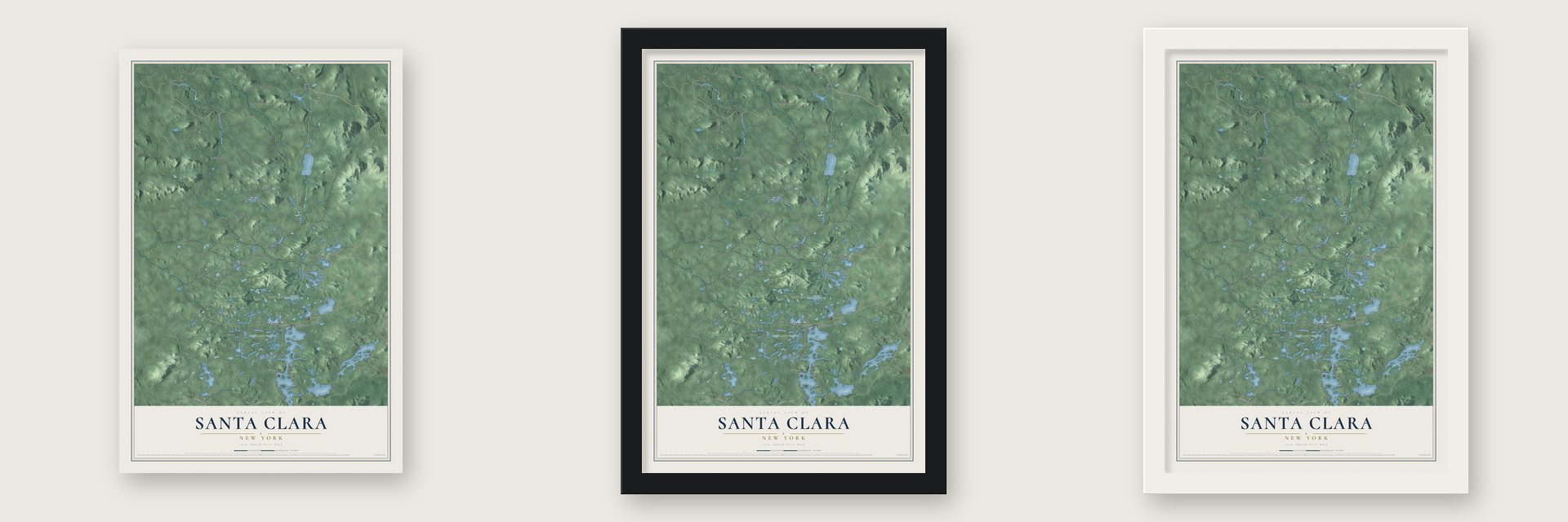 Santa Clara, New York map unframed, in a black wood frame and in a white wood frame