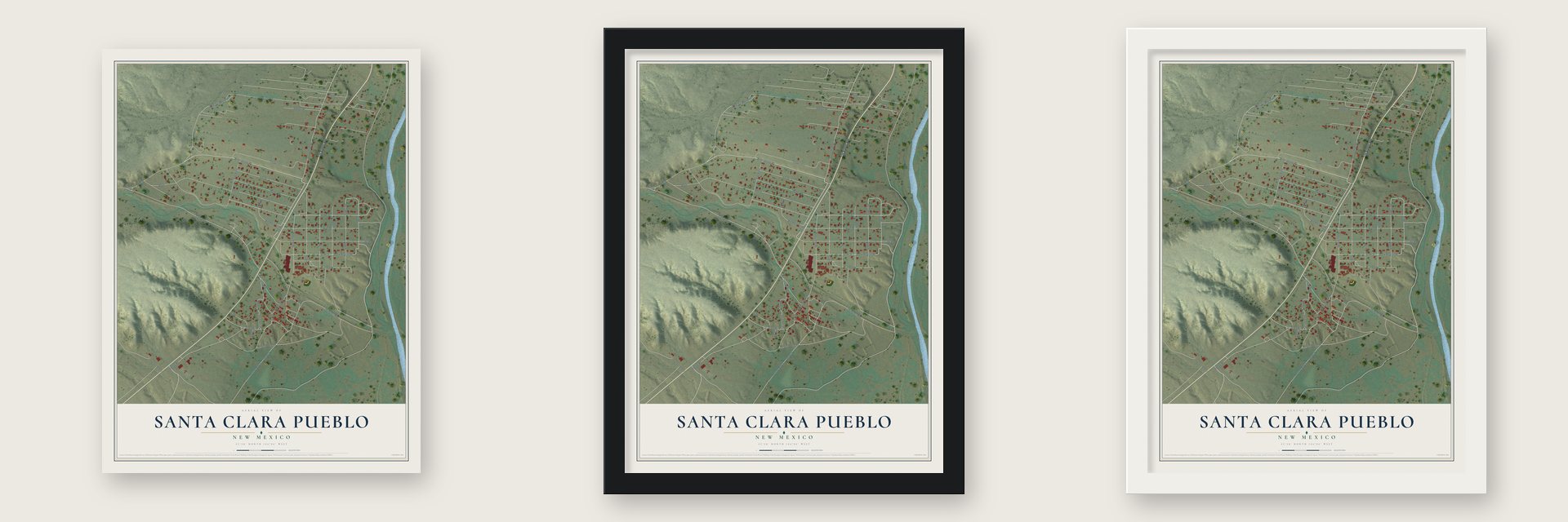 Santa Clara Pueblo, New Mexico map unframed, in a black wood frame and in a white wood frame