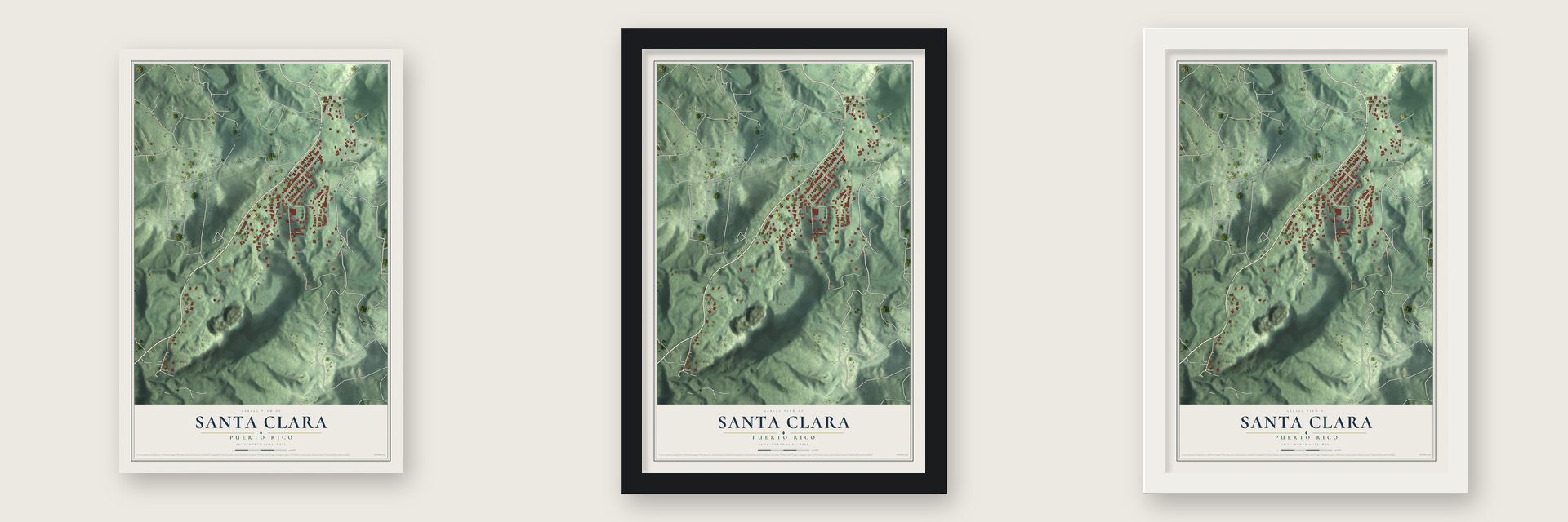 Santa Clara, Puerto Rico map unframed, in a black wood frame and in a white wood frame