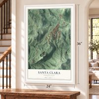 Santa Clara, Puerto Rico map, 24 x 36 inch print in a white frame by a staircase