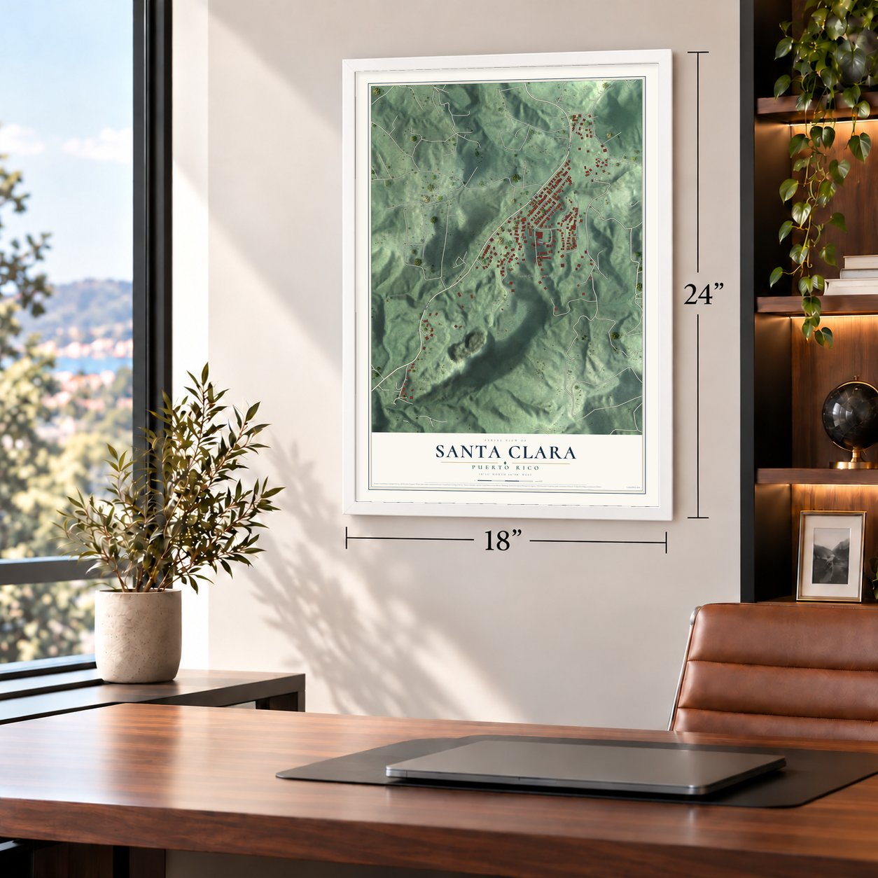 Santa Clara, Puerto Rico map, 18 x 24 inch print in a white frame in a home office