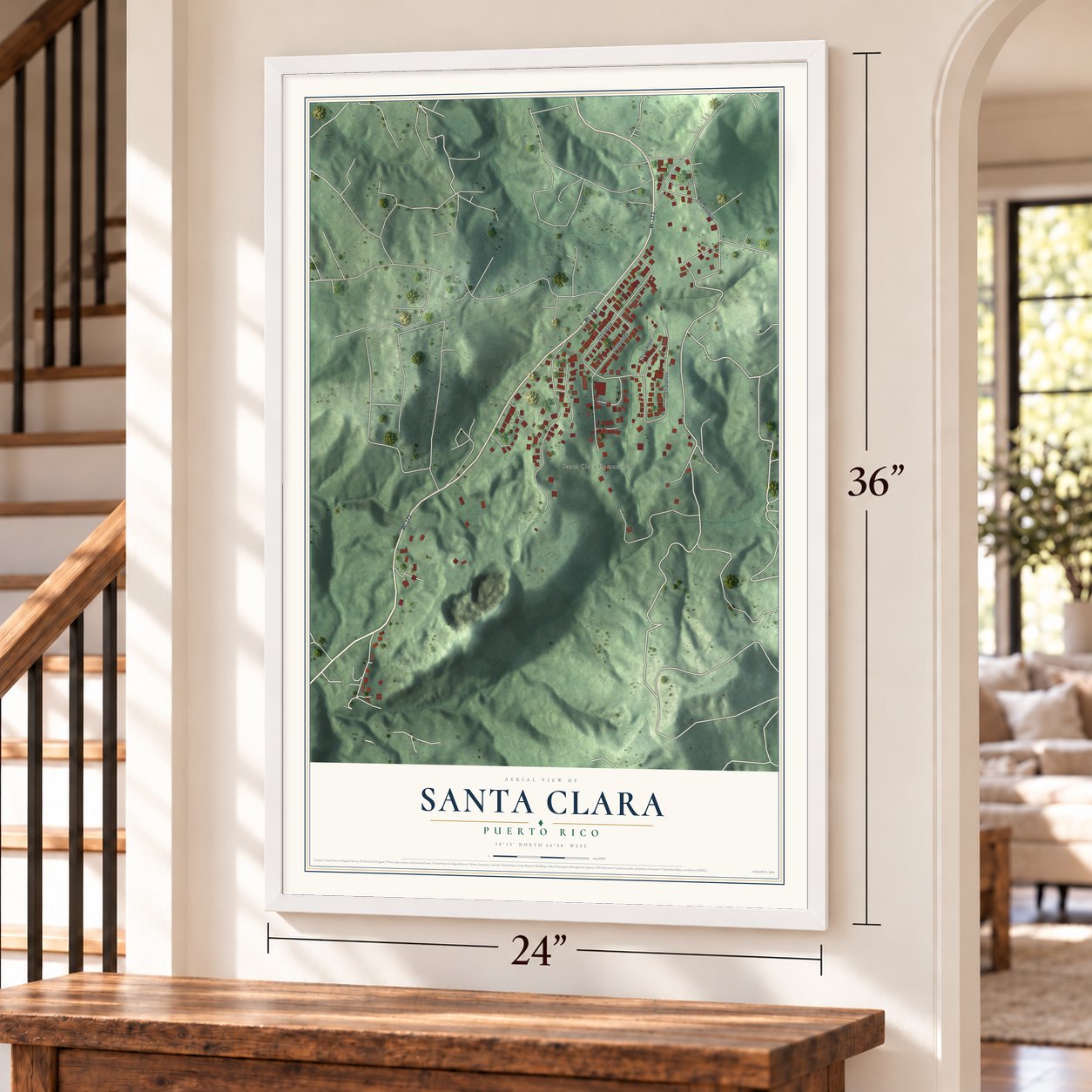 Santa Clara, Puerto Rico map, 24 x 36 inch print in a white frame by a staircase
