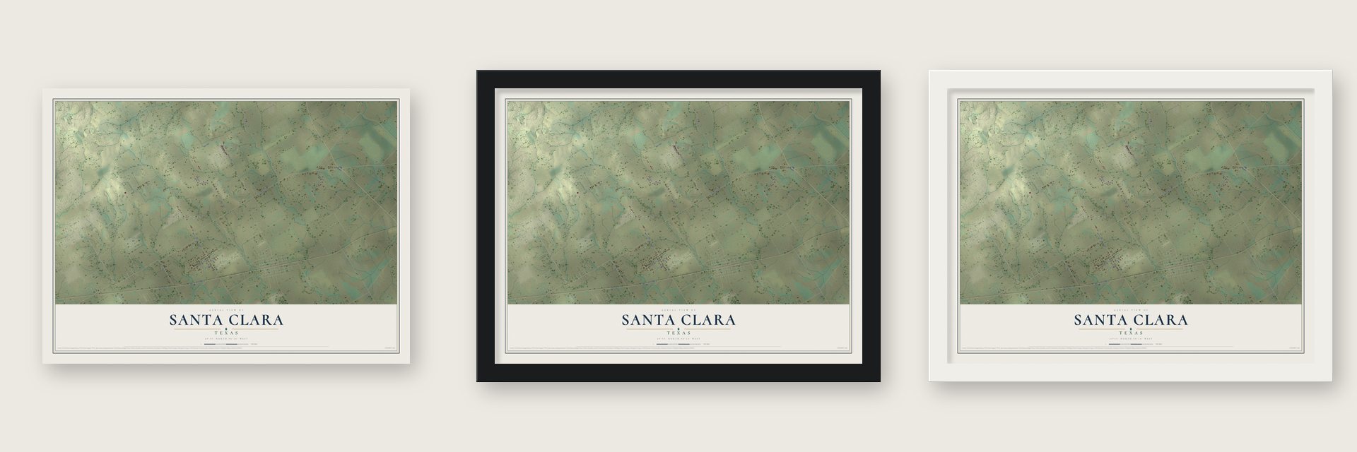 Santa Clara, Texas map unframed, in a black wood frame and in a white wood frame