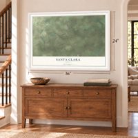 Santa Clara, Texas map, 24 x 36 inch print in a white frame above a dresser by a staircase