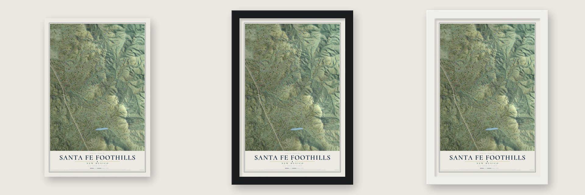 Santa Fe Foothills, New Mexico map unframed, in a black wood frame and in a white wood frame