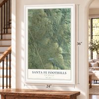 Santa Fe Foothills, New Mexico map, 24 x 36 inch print in a white frame by a staircase