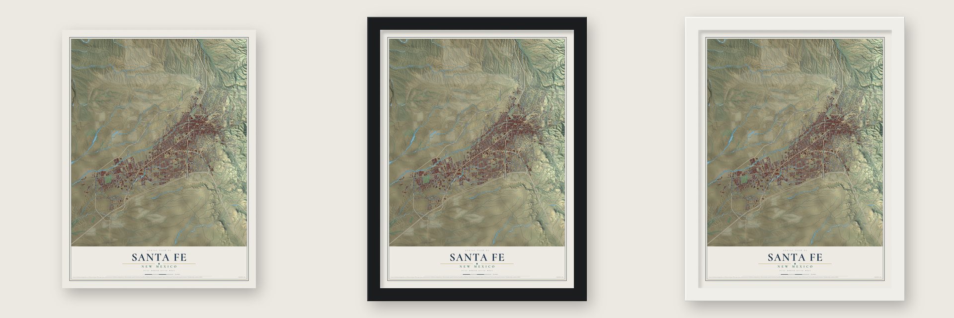 Santa Fe, New Mexico map unframed, in a black wood frame and in a white wood frame