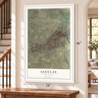 Santa Fe, New Mexico map, 24 x 36 inch print in a white frame by a staircase