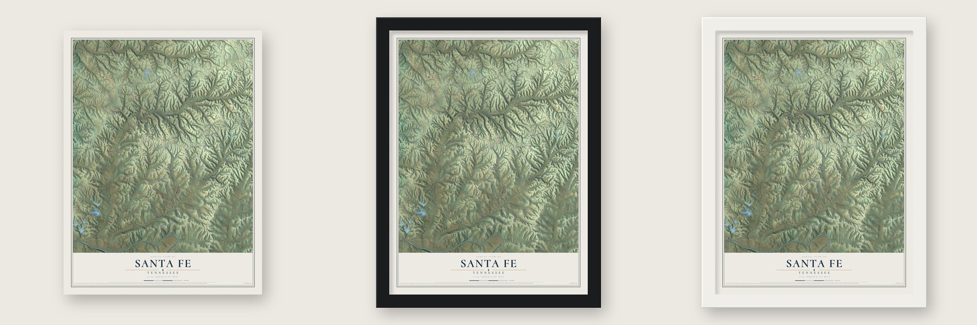 Santa Fe, Tennessee map unframed, in a black wood frame and in a white wood frame