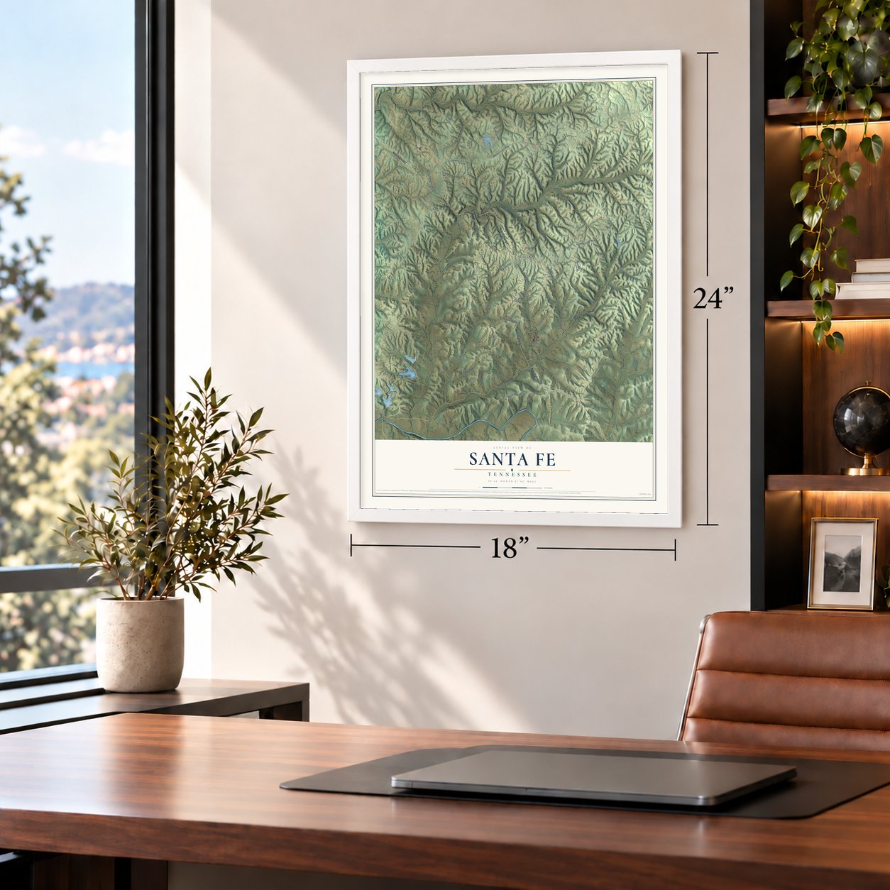 Santa Fe, Tennessee map, 18 x 24 inch print in a white frame in a home office
