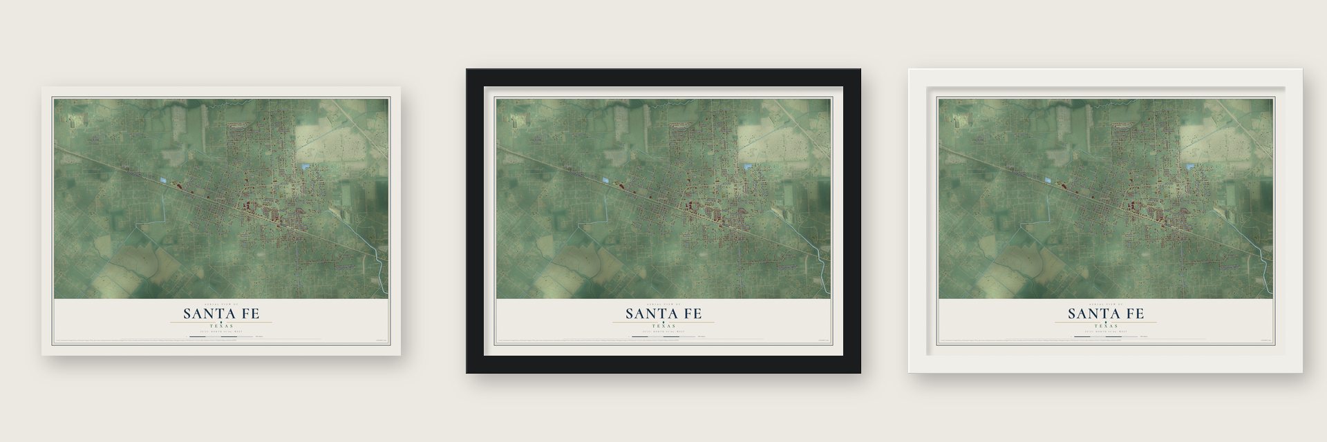 Santa Fe, Texas map unframed, in a black wood frame and in a white wood frame