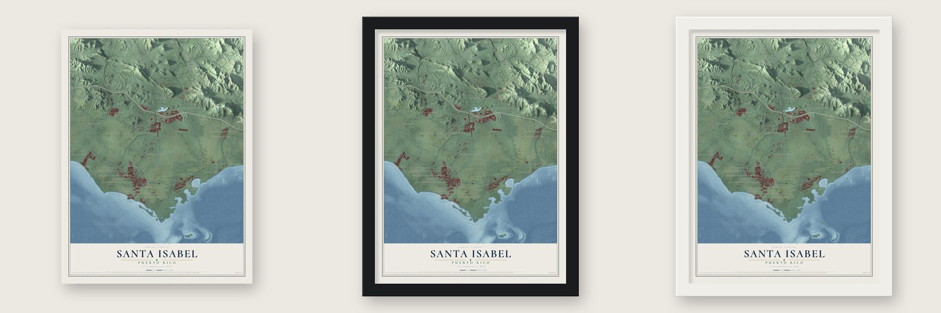 Santa Isabel, Puerto Rico map unframed, in a black wood frame and in a white wood frame