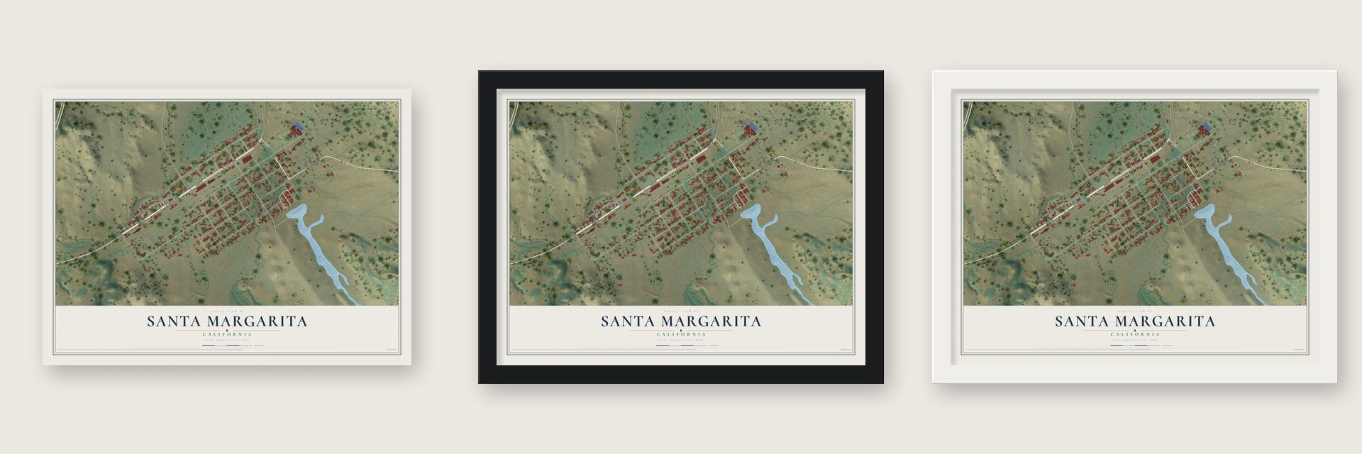 Santa Margarita, California map unframed, in a black wood frame and in a white wood frame