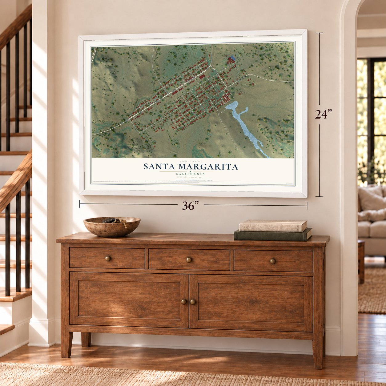 Santa Margarita, California map, 24 x 36 inch print in a white frame above a dresser by a staircase