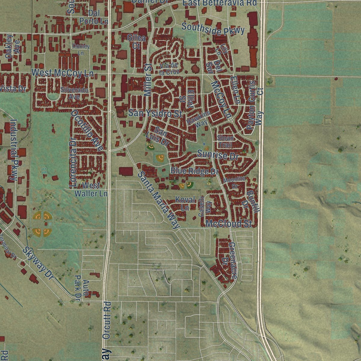 Second close-up of the map of Santa Maria, California print showing more streets and buildings