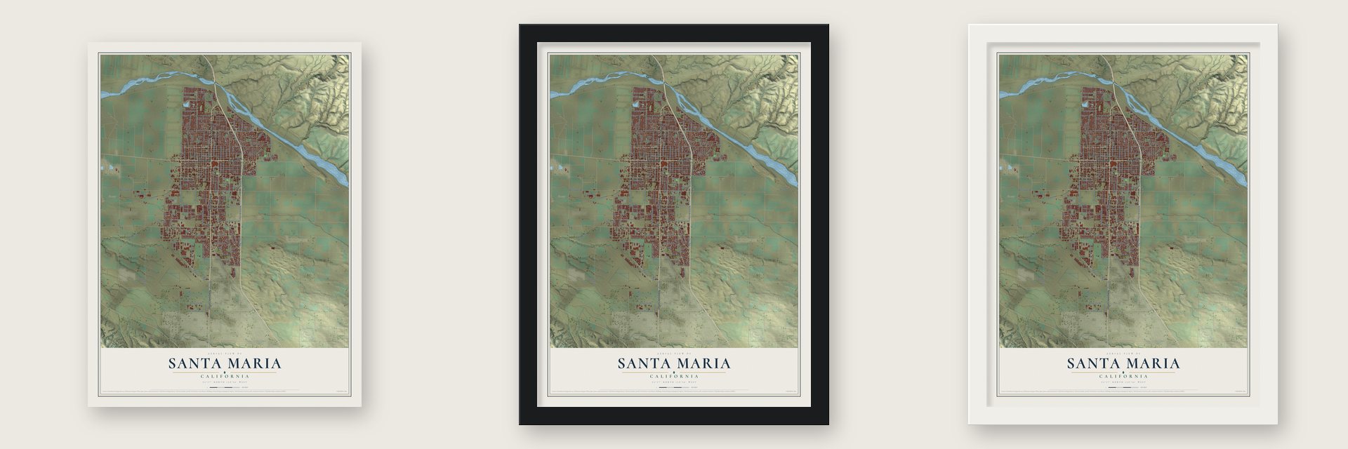 Santa Maria, California map unframed, in a black wood frame and in a white wood frame