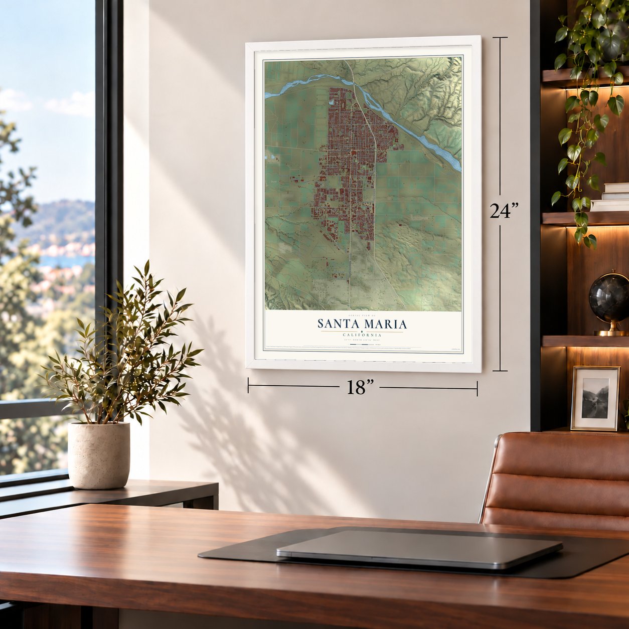 Santa Maria, California map, 18 x 24 inch print in a white frame in a home office