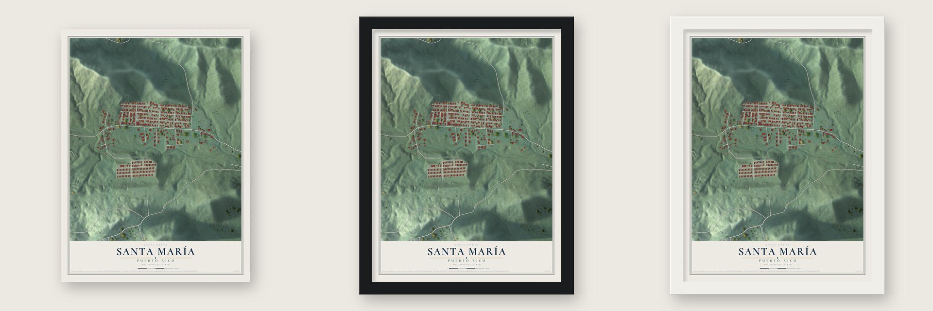 Santa María, Puerto Rico map unframed, in a black wood frame and in a white wood frame