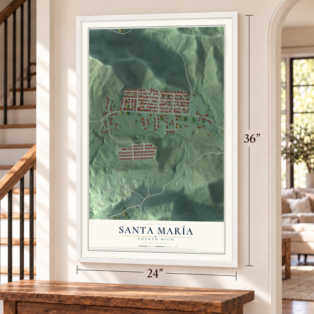 Santa María, Puerto Rico map, 24 x 36 inch print in a white frame by a staircase