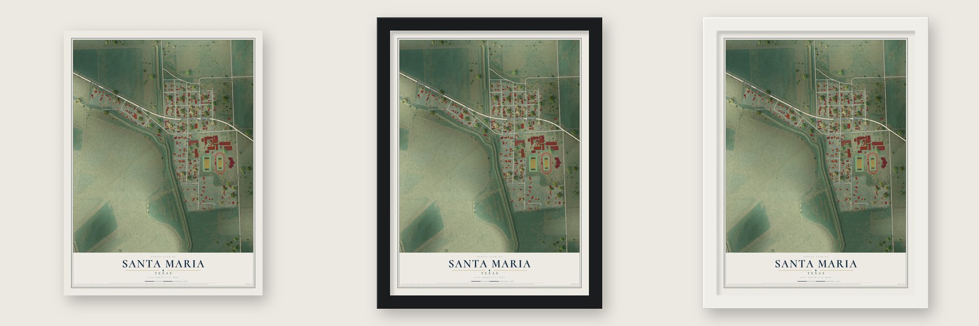 Santa Maria, Texas map unframed, in a black wood frame and in a white wood frame