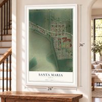 Santa Maria, Texas map, 24 x 36 inch print in a white frame by a staircase