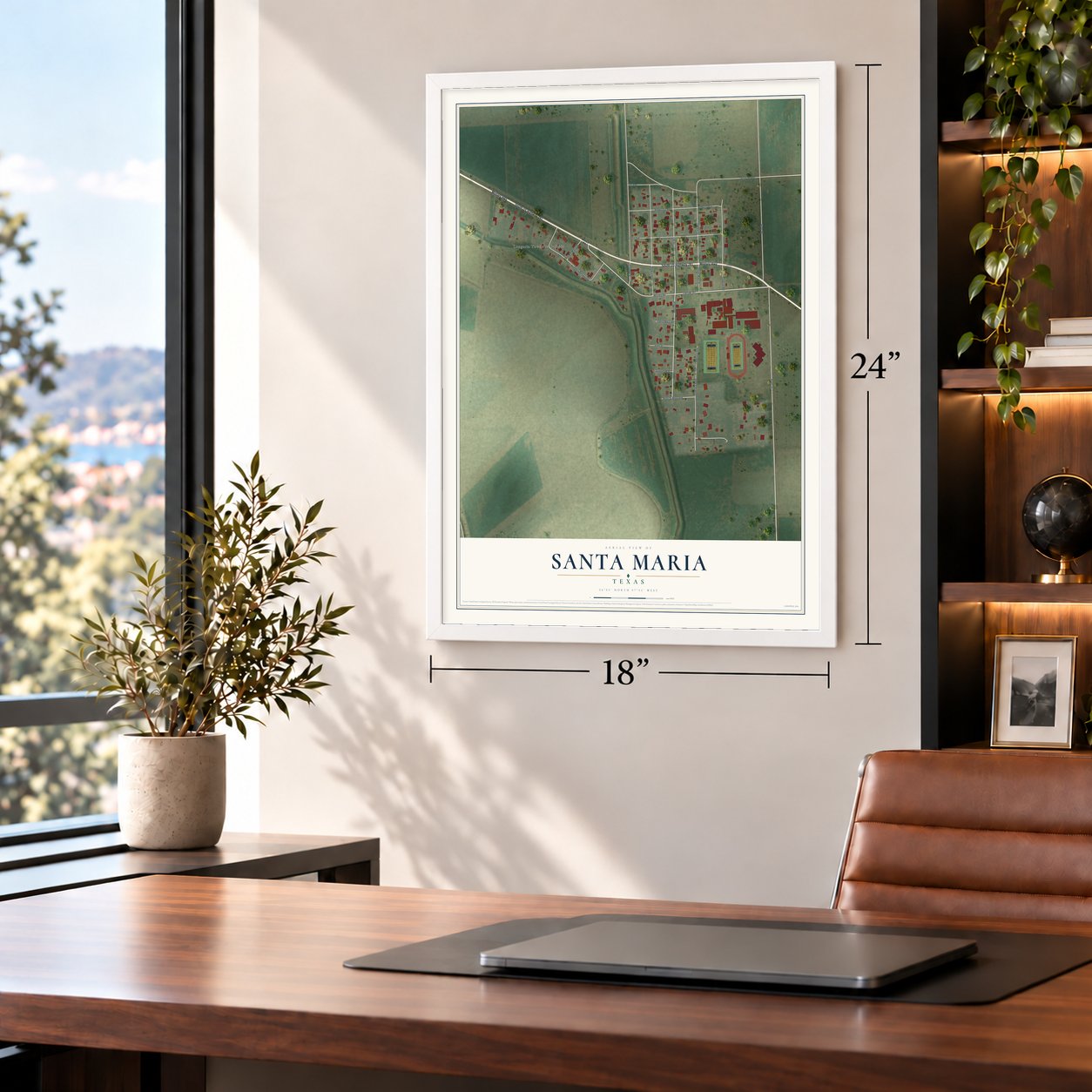 Santa Maria, Texas map, 18 x 24 inch print in a white frame in a home office