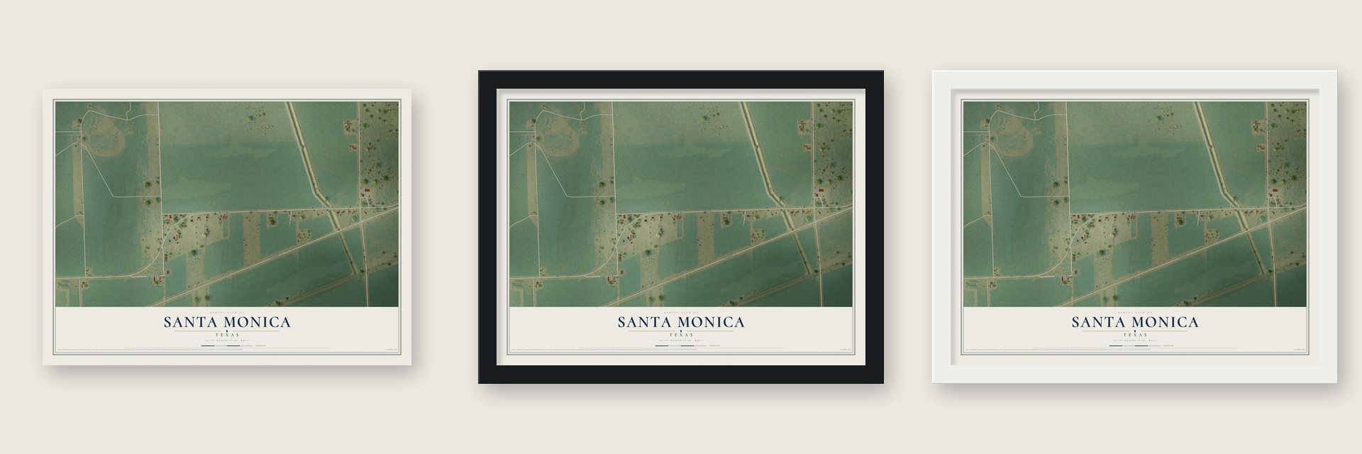 Santa Monica, Texas map unframed, in a black wood frame and in a white wood frame