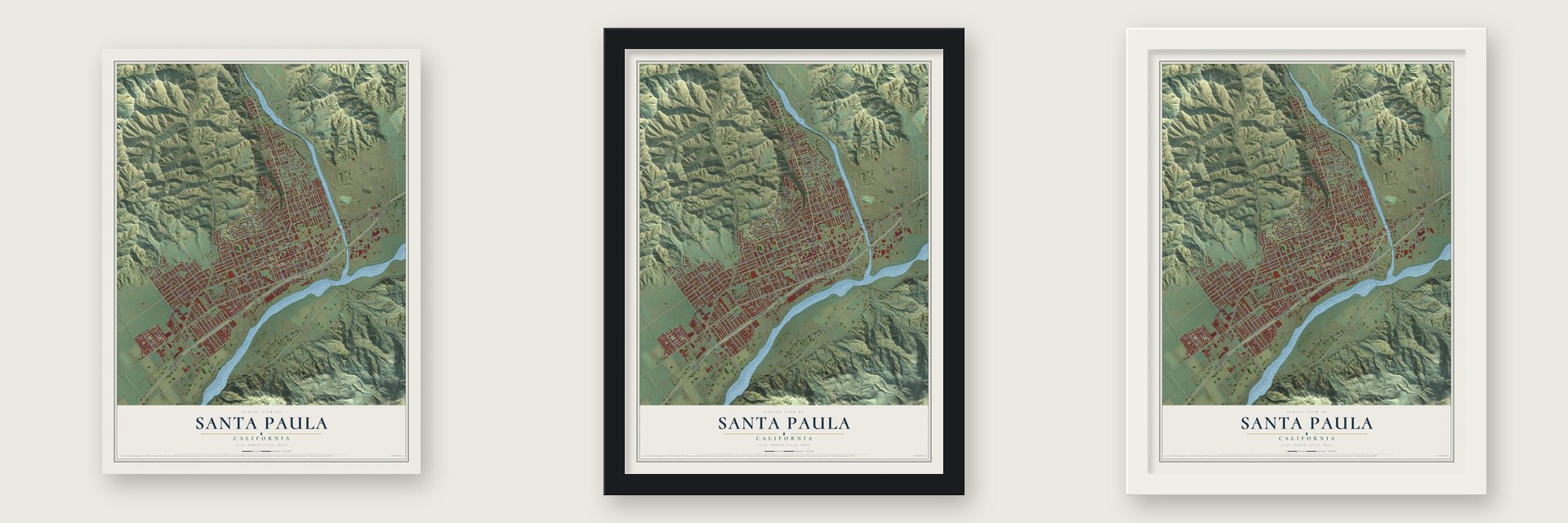 Santa Paula, California map unframed, in a black wood frame and in a white wood frame