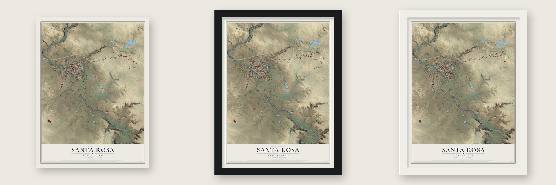 Santa Rosa, New Mexico map unframed, in a black wood frame and in a white wood frame