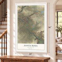 Santa Rosa, New Mexico map, 24 x 36 inch print in a white frame by a staircase