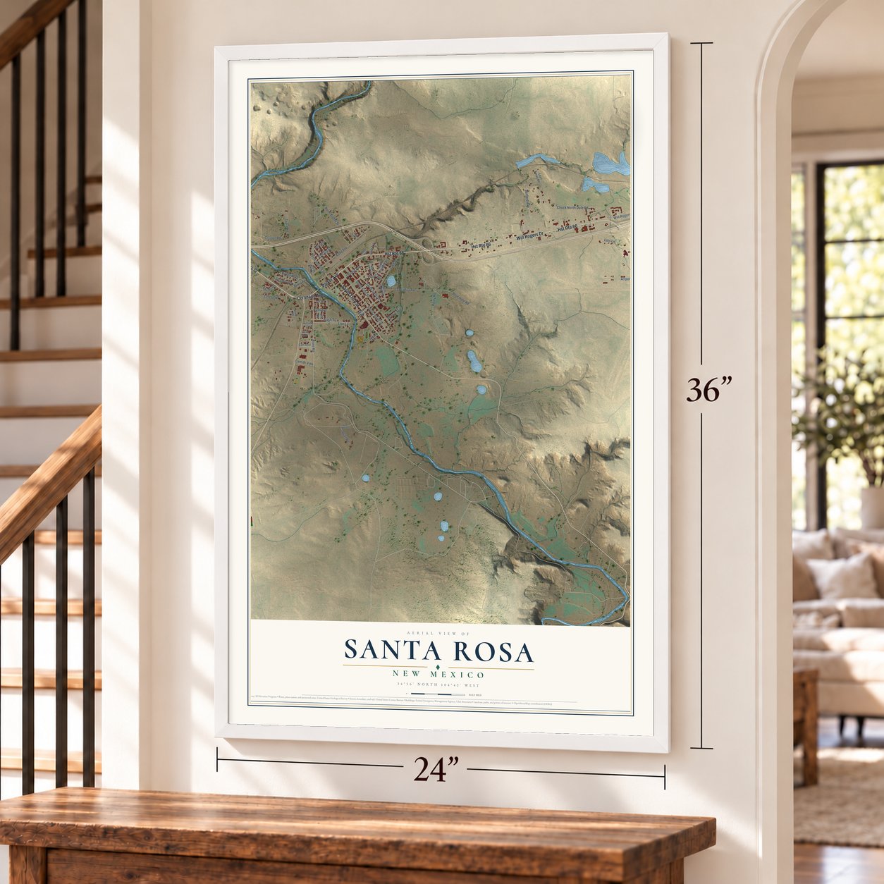Santa Rosa, New Mexico map, 24 x 36 inch print in a white frame by a staircase