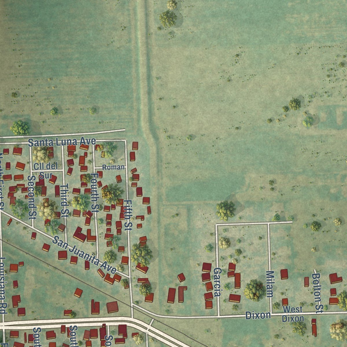 Second close-up of the map of Santa Rosa, Texas print showing more streets and buildings