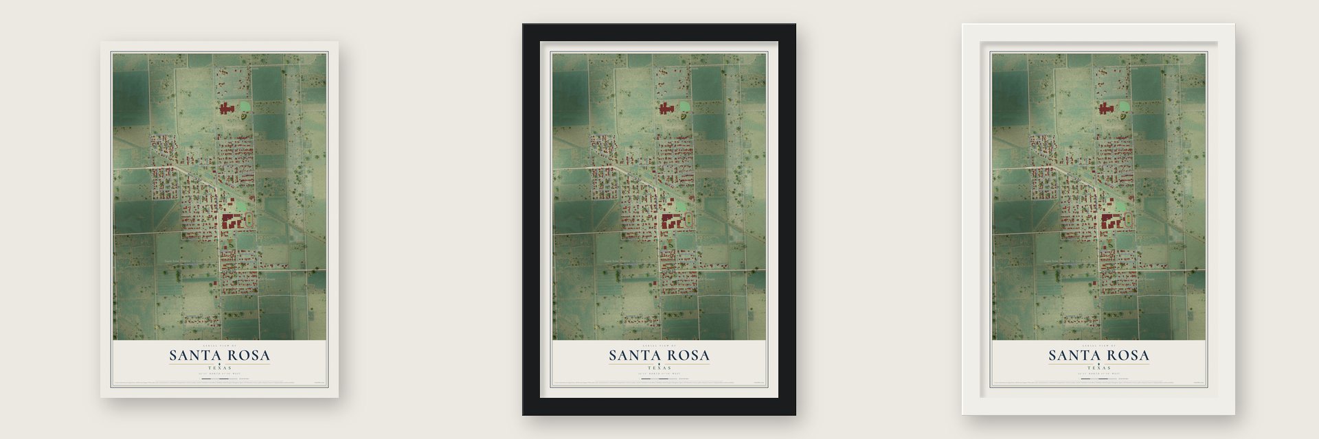 Santa Rosa, Texas map unframed, in a black wood frame and in a white wood frame